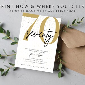 May include: A white invitation card with gold glitter accents and the number 70 in gold with the word "seventy" written in black script. The text on the card reads "Please join us for a birthday celebration honoring Jeanne Wilson. The Smith Residence, Saturday July 25th, 2023, 12PM, 123 Anywhere St., Any City. Kindly RSVP to Alexis @ 123.456.7870."