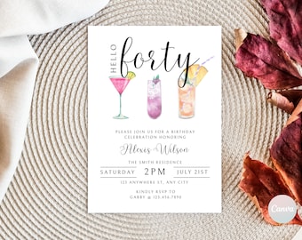 May include: A white invitation card with a black and white illustration of three cocktails. The text on the card reads "Hello forty" and includes details for a birthday celebration honoring Alexis Wilson. The event is scheduled for Saturday, July 21st at 2 PM at The Smith Residence. The address is 123 Anywhere St., Any City. RSVP to Gabby at 123.456.7890.