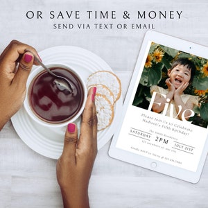May include: A digital invitation for a child's fifth birthday party. The invitation features a photo of a young girl smiling with sunflowers in the background. The text on the invitation reads "Five" in large white letters and includes the date, time, and location of the party.