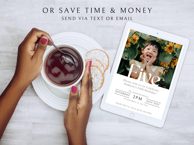 May include: A digital invitation for a child's fifth birthday party. The invitation features a photo of a young girl smiling with sunflowers in the background. The text on the invitation reads "Five" in large white letters and includes the date, time, and location of the party.