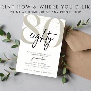 May include: A white invitation card with gold glitter accents. The number 80 is printed in a large, beige font with the word "eighty" written in black cursive script. The text reads "Please join us for a birthday celebration honoring Jeanne Wilson. The Smith Residence, Saturday July 25th, 2023, 2 PM, 123 Anywhere St., Any City. Kindly RSVP to Alexis @ 123.456.7870."