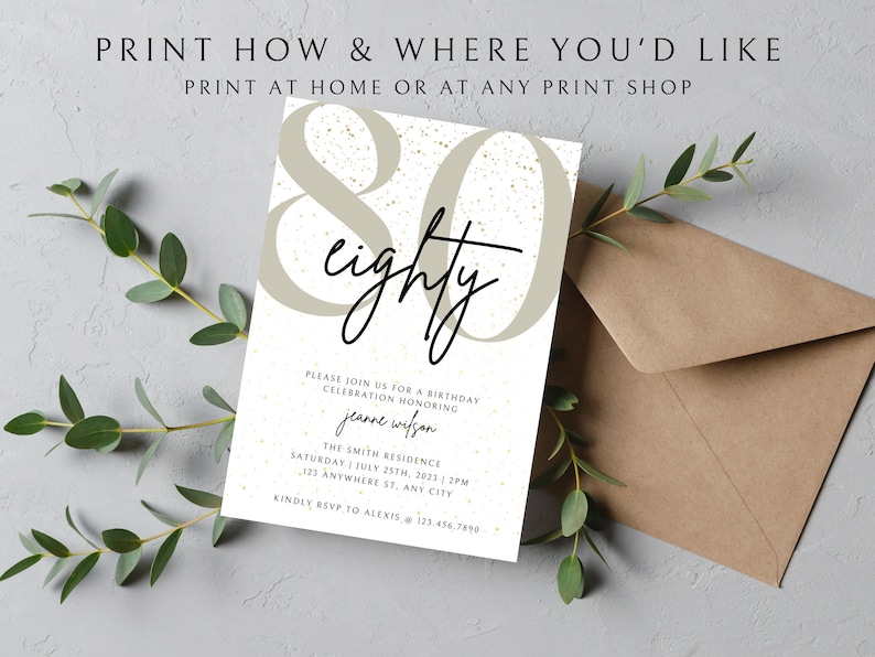 May include: A white invitation card with gold glitter accents. The number 80 is printed in a large, beige font with the word "eighty" written in black cursive script. The text reads "Please join us for a birthday celebration honoring Jeanne Wilson. The Smith Residence, Saturday July 25th, 2023, 2 PM, 123 Anywhere St., Any City. Kindly RSVP to Alexis @ 123.456.7870."