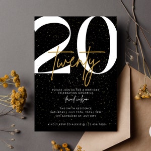 20. Geburtstagseinladung, 20. Geburtstag einladen, Digitale 20. Geburtstagsparty einladen, 20. Geburtstagskarte, Geburtstagseinladungsvorlage, Schwarz