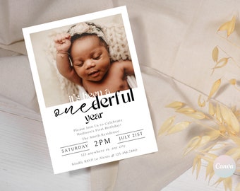 Peut inclure: Une invitation à un premier anniversaire avec une photo d'une petite fille. L'invitation indique "it's been a one derful year" et comprend la date, l'heure et le lieu de la fête.