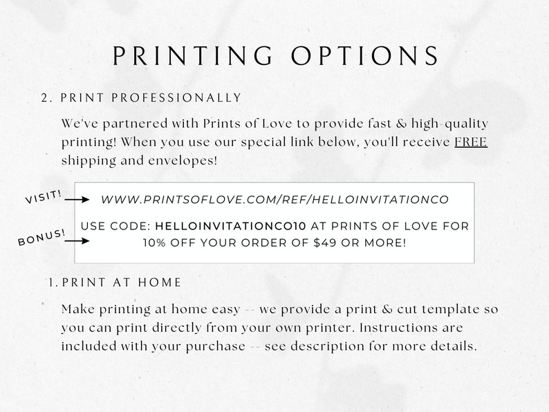 May include: A white and black text graphic with the title "Printing Options" and instructions for printing professionally using Prints of Love. The graphic includes a website address and discount code. The graphic also includes instructions for printing at home.