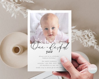 1st Birthday Invitation Girl, Minimal 1st Birthday Invitation Template, Editable First Birthday Photo Invitation Template, Digital Invite