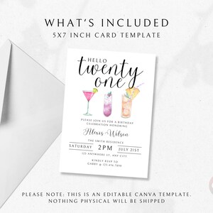 Pode incluir: Modelo de cart&atilde;o edit&aacute;vel de 12,7 x 17,8 cm para uma festa de anivers&aacute;rio de 21 anos. O cart&atilde;o apresenta uma ilustra&ccedil;&atilde;o de aquarela de coquet&eacute;is e o texto "Hello Twenty One".