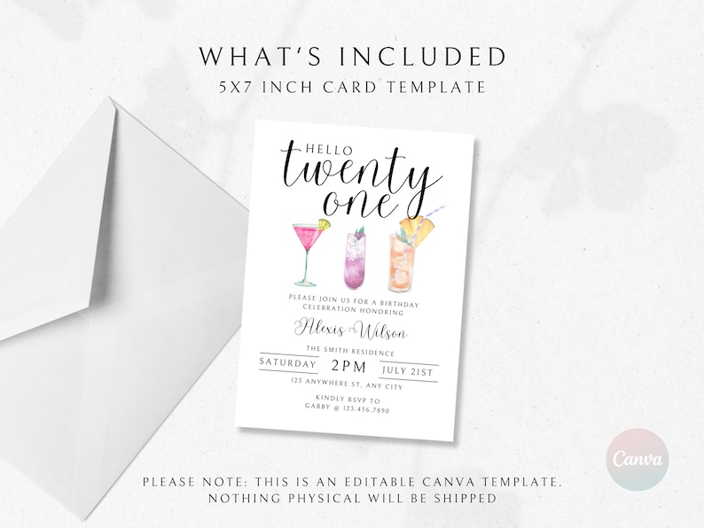 Pode incluir: Modelo de cart&atilde;o edit&aacute;vel de 12,7 x 17,8 cm para uma festa de anivers&aacute;rio de 21 anos. O cart&atilde;o apresenta uma ilustra&ccedil;&atilde;o de aquarela de coquet&eacute;is e o texto "Hello Twenty One".
