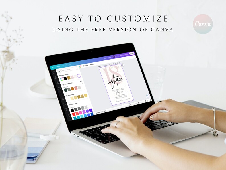 May include: A laptop computer displaying a Canva design template for an 18th birthday party invitation. The design features a pink and white watercolor number 18 with the text "eighteen" in black script. The laptop screen shows a color palette and design tools.