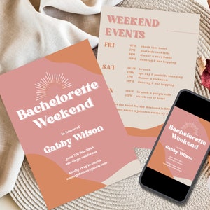 Retro Junggesellinnenabschied lädt ein, Bachelorette Einladungsvorlage, Digitale Junggesellinnenabschied Vorlage, Bachelorette Wochenende Reiseplan