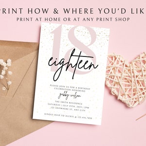May include: Pink and white birthday invitation with gold glitter. The invitation says "eighteen" and includes the text "Please join us for a birthday celebration honoring Gabby Wilson. The Smith Residence, Saturday | July 25th, 2023 | 2PM, 123 Anywhere St, Any City. Kindly RSVP to Alexis @ 123.456.7890"