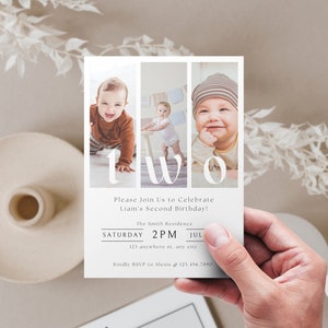 Invitación para el segundo cumpleaños de un niño, plantilla de invitación minimalista para el segundo cumpleaños, plantilla de invitación con foto editable para el segundo cumpleaños, fiesta de cumpleaños