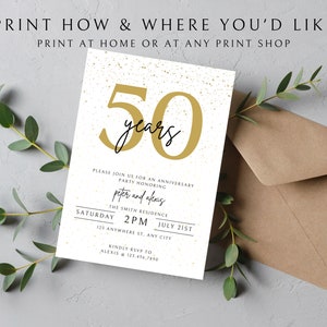 May include: A white invitation card with gold glitter and the text "50 years" in gold lettering. The invitation is for an anniversary party honoring Peter and Afenes. The party will be held on Saturday, July 21st at 2 PM at The Smith Residence, 123 Anywhere St., Any City. RSVP to Alexis at 123.456.7890.