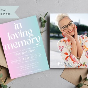 Pode incluir: Um convite de memorial com degradê rosa e azul com o texto "in loving memory" em branco. O convite é para uma celebração da vida de Alison Jean Wilson, no sábado, 21 de julho às 14h no Eternity Funeral Home. O convite inclui o endereço e as informações de RSVP.