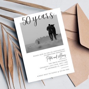 Faire-part 50e anniversaire avec photo, faire-part d'anniversaire de mariage, faire-part de fête d'anniversaire, modèle d'invitation d'anniversaire
