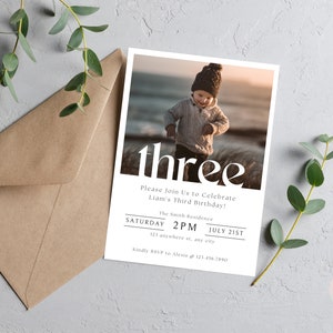 3rd Birthday Invitation Boy, Minimal 3rd Birthday Invitation Template, Editable Third Birthday Photo Invitation Template, Boy Birthday Party