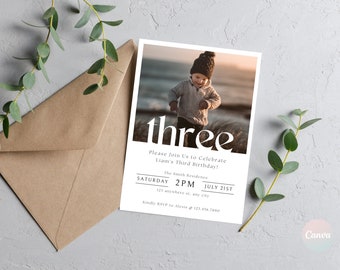 3rd Birthday Invitation Boy, Minimal 3rd Birthday Invitation Template, Editable Third Birthday Photo Invitation Template, Boy Birthday Party