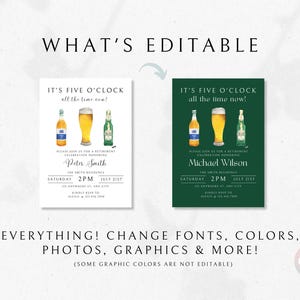 May include: Two editable retirement party invitations with a green and white background. The invitations feature a watercolor illustration of beer bottles and a glass of beer. The text on the invitations reads "It's five o'clock all the time now!" and includes the names "Peter Smith" and "Michael Wilson".