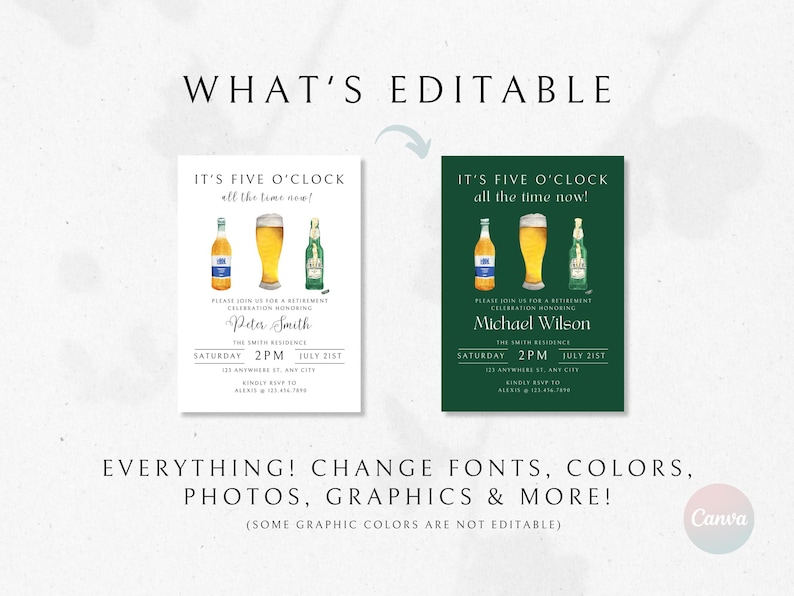 May include: Two editable retirement party invitations with a green and white background. The invitations feature a watercolor illustration of beer bottles and a glass of beer. The text on the invitations reads "It's five o'clock all the time now!" and includes the names "Peter Smith" and "Michael Wilson".