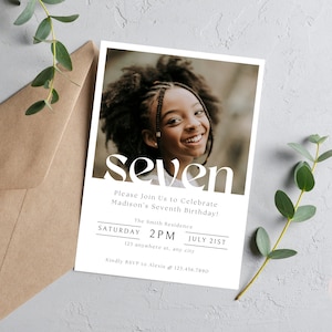 7th Birthday Invitation Girl, Minimal 7th Birthday Invitation Template, Seventh Birthday Photo Invitation Template, Girl Birthday Party