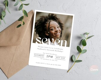 7th Birthday Invitation Girl, Minimal 7th Birthday Invitation Template, Seventh Birthday Photo Invitation Template, Girl Birthday Party
