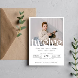12th Birthday Invitation Boy, Minimal 12th Birthday Invitation Template, Twelfth Birthday Photo Invitation Template, Boy Birthday Party
