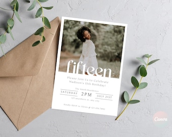 15th Birthday Invitation Girl, Minimal 15th Birthday Invitation Template, Fifteen Birthday Photo Invitation Template, Girl Birthday Party