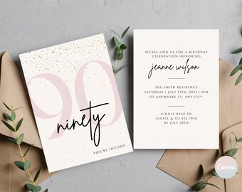 90th Birthday Invitation, 90th Invite Template, Digital 90th Birthday Party Invite, 90th Birthday Card, Birthday Invitation Template
