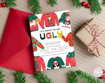 Puede incluir: Una invitación festiva para una fiesta de suéteres feos. El diseño presenta ilustraciones coloridas de suéteres feos, con el texto "IT'S ABOUT TO GET UGLY." Un sobre rojo y un regalo envuelto con hilo rojo y blanco también están presentes.