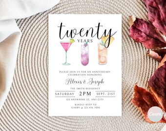 May include: White invitation card with the text "twenty years" and watercolor illustrations of three cocktails. The card reads "Please join us for an anniversary celebration honoring Alexis & Joseph". The event is on Saturday, September 21st at 2 PM.