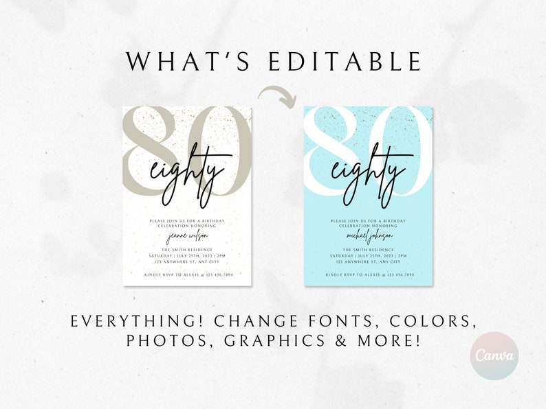 May include: Two editable 80th birthday party invitations. One invitation has a light blue background with white text and gold glitter. The other invitation has a light beige background with white text and gold glitter. Both invitations say "eighty" in a script font.