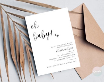 Pode incluir: Um convite de chá de bebê branco com texto preto que diz "oh baby!" com duas pequenas pegadas. O convite inclui o nome "alexis wilson" e os detalhes do chá de bebê, incluindo a data, a hora e o local.