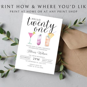 Pode incluir: Um cart&atilde;o de convite branco com texto preto e ilustra&ccedil;&otilde;es coloridas de coquet&eacute;is. O texto diz "Hello twenty one", "Please join us for a birthday celebration honoring Alexis Wilson", "The Smith Residence", "Saturday, 2 PM, July 21st", "123 Anywhere St., Any City", "Kindly RSVP to Gabby @ 123.456.7890".