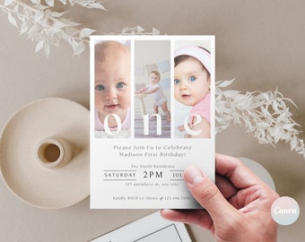 Op de afbeelding: Een witte uitnodigingskaart met een fotocollage van een babymeisje. De kaart zegt "one" in grote witte letters met foto's van de baby in elke letter. De tekst luidt "Please Join Us to Celebrate Madison First Birthday! The Smith Residence Saturday 2PM JUL 123 anywhere st, any city. Kindly RSVP to Alexis @ 123.456.7890"