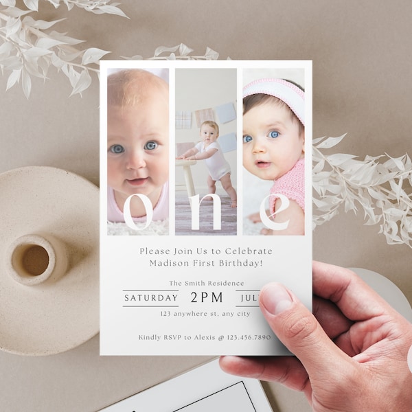 1st Birthday Invitation Girl, Minimal 1st Birthday Invitation Template, Editable First Birthday Photo Invitation Template, Digital Invite