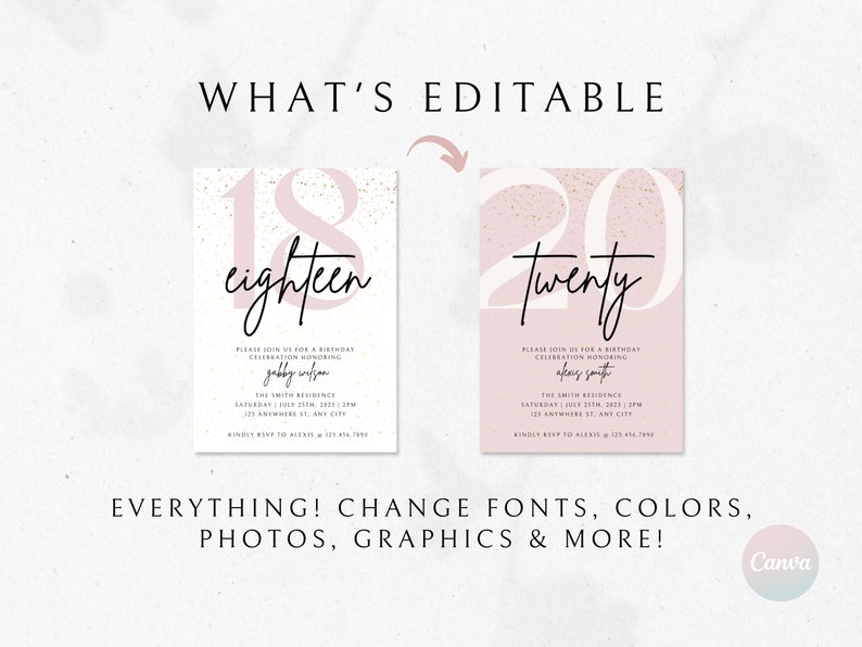 May include: Editable birthday invitation template with pink and gold accents. The text says "What's Editable" and features two example invitations, one for an 18th birthday and one for a 20th birthday. The text on the invitations says "eighteen" and "twenty".