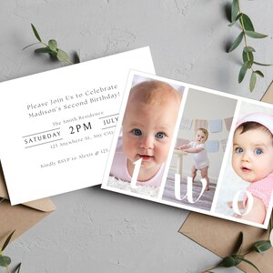 2nd Birthday Invitation Girl, Minimal 2nd Birthday Invitation Template, Editable First Birthday Photo Invitation, Girl Birthday Party