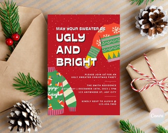 Puede incluir: Una invitación roja a una fiesta de Navidad con un patrón de copos de nieve blancos. El texto dice "May your sweater be ugly and bright." Incluye detalles sobre la fiesta, como la fecha, la hora y el lugar. La invitación presenta dos suéteres feos de dibujos animados.