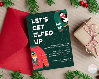 Puede incluir: Una invitación a una fiesta de Navidad verde con texto blanco que dice "Let's Get Elfed Up". La invitación incluye un pingüino con un suéter navideño y un duende con un suéter navideño. El texto también incluye la fecha, la hora y la ubicación de la fiesta.