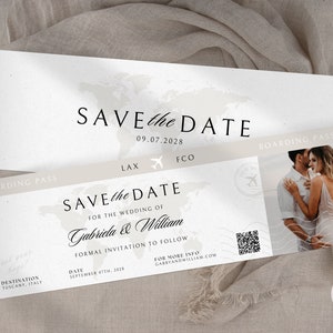 Carte d'embarquement à retenir, faire-part de mariage à destination, carte postale à retenir, modèle avec photo, faire-part de mariage passeport