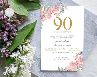 90th Birthday Invitation, 90th Invite Template, Digital 90th Birthday Party Invite, 90th Birthday Card, Birthday Invitation Template