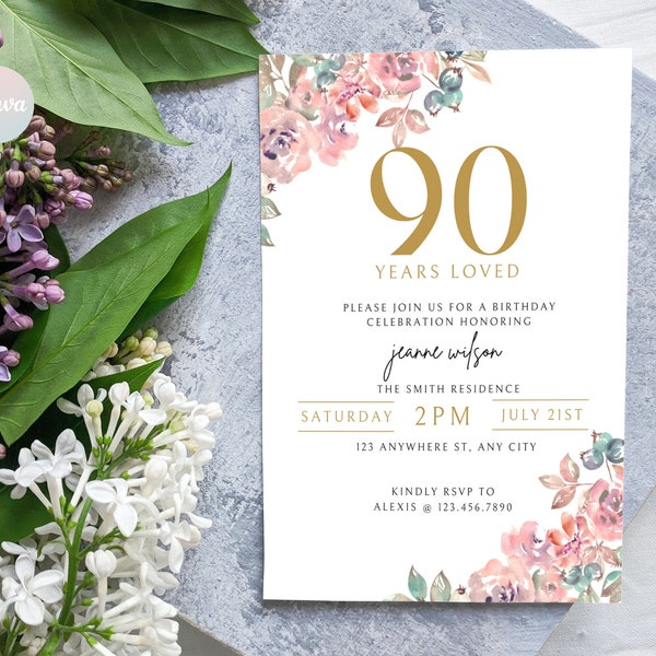 90th Birthday Invitation, 90th Invite Template, Digital 90th Birthday Party Invite, 90th Birthday Card, Birthday Invitation Template