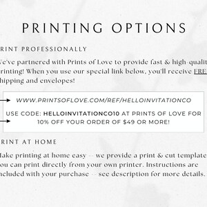 May include: A white and black text graphic with the title "Printing Options" and instructions for printing professionally using Prints of Love. The graphic includes a website address and discount code. The graphic also includes instructions for printing at home.