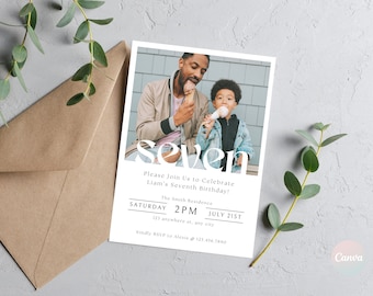 7-årsdagsinbjudan pojke, minimalistisk 7-årsdagsinbjudningsmall, sjunde födelsedag fotoinbjudningsmall, pojke födelsedagsfest