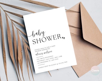 Pode incluir: Um convite de chá de bebê branco com texto preto. O convite diz "baby shower" com um pequeno símbolo de pegada. O convite também inclui o nome "alexis wilson", a data e hora do chá de bebê, o local e um número de RSVP.