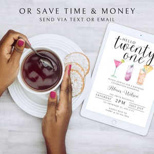 Pode incluir: Um convite digital para uma festa de anivers&aacute;rio de 21 anos. O convite apresenta uma ilustra&ccedil;&atilde;o em aquarela de coquet&eacute;is e o texto "Hello twenty one". O convite inclui os detalhes da festa: "Por favor, junte-se a n&oacute;s para uma celebra&ccedil;&atilde;o de anivers&aacute;rio em homenagem a Alexis Wilson. A resid&ecirc;ncia Smith. S&aacute;bado, 21 de julho, 14h00. 123 Anywhere St, Any City. Por favor, confirme sua presen&ccedil;a com Gabby no 123.456.7890"