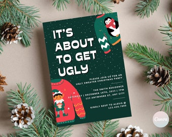 Puede incluir: Una invitación a una fiesta de Navidad verde y blanca con el texto "It's About To Get Ugly" y una ilustración de dibujos animados de un pingüino con un suéter verde y blanco. La invitación incluye los detalles de la fiesta, incluida la fecha, la hora y la ubicación.