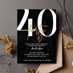 Faire-part 40e anniversaire, modèle d'invitation 40e, invitation numérique fête 40e anniversaire, carte 40e anniversaire, modèle d'invitation d'anniversaire, noir