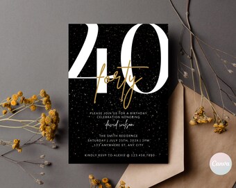 40歳の誕生日招待状、40歳の招待状テンプレート、デジタル40歳の誕生日パーティー招待状、40歳の誕生日カード、誕生日招待状テンプレート、黒