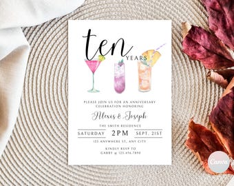 10th Anniversary Invitation, Wedding Anniversary Invite, Anniversary Party Invitation, Anniversary Invitation Template, Cheers to 10 Years
